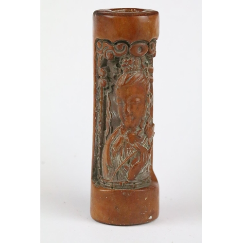 177 - Two carved bone bottle / pots with decoration of Buddha and Goddess, 8.5cm in height