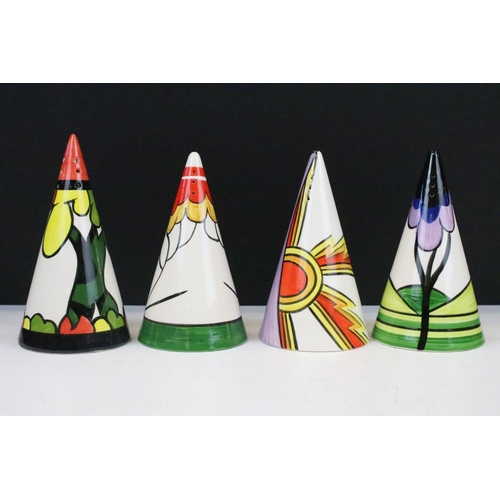 18 - Four Art Deco style conical porcelain sugar shakers with hand painted polychrome decoration, the lot... 