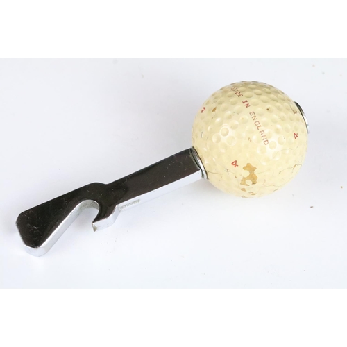 194 - Group of vintage golfing items to include a silver plated cruet set in the form of golf balls in a c... 