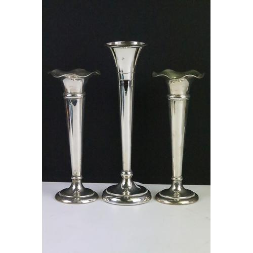 195 - A collection of mixed sterling silver and silver plated items to include bud vases, sugar shaker, ca... 