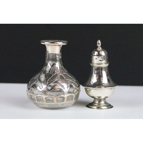 195 - A collection of mixed sterling silver and silver plated items to include bud vases, sugar shaker, ca... 