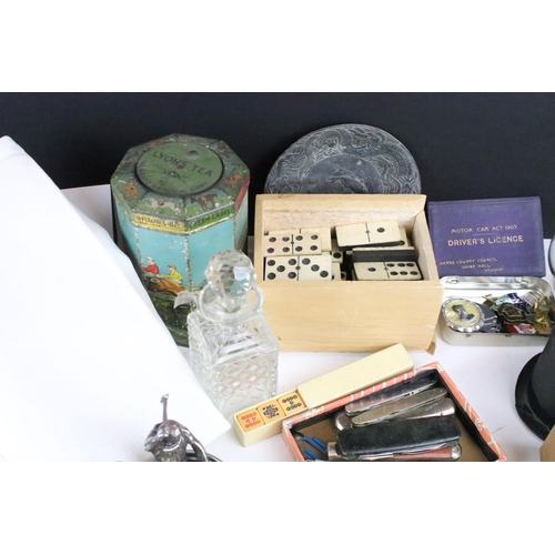 198 - A box of mixed collectables to include penknives, masonic medals, dominoes,  jewellery, silver plate... 