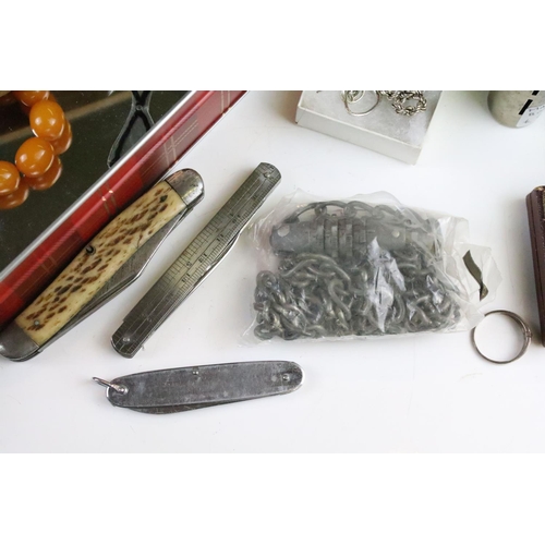 198 - A box of mixed collectables to include penknives, masonic medals, dominoes,  jewellery, silver plate... 