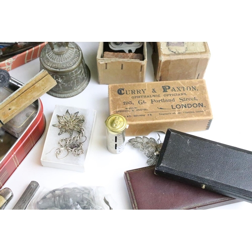 198 - A box of mixed collectables to include penknives, masonic medals, dominoes,  jewellery, silver plate... 