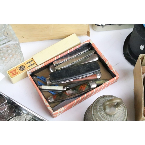 198 - A box of mixed collectables to include penknives, masonic medals, dominoes,  jewellery, silver plate... 