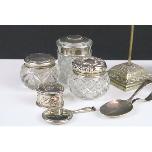 229 - Collection of silver & silver plate to include a late Victorian silver heart shaped pill box, four s... 