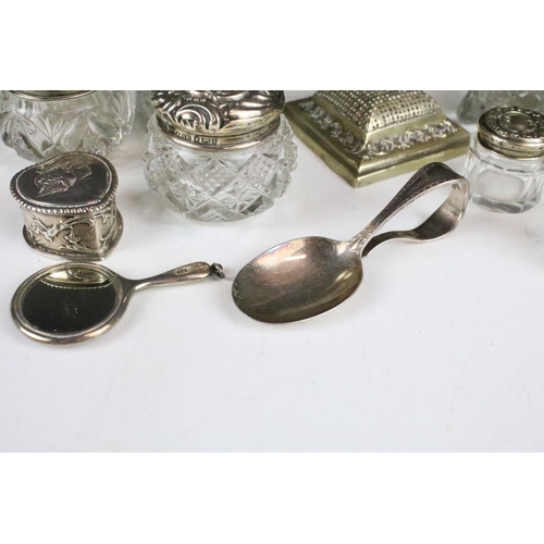 229 - Collection of silver & silver plate to include a late Victorian silver heart shaped pill box, four s... 