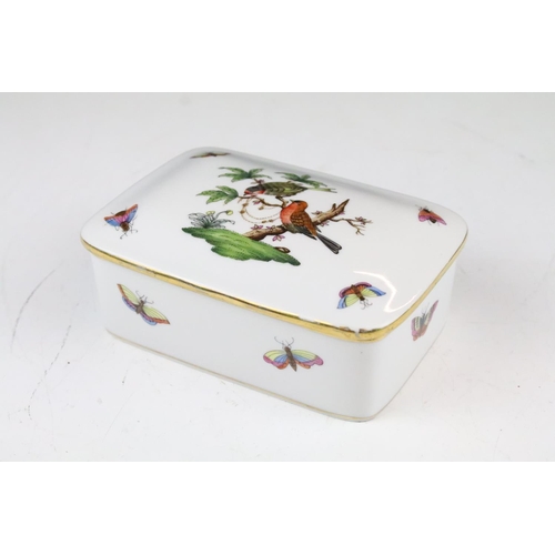 239 - Herend porcelain rectangular box with cover hand painted with birds, butterflies and insects, 13.5cm... 