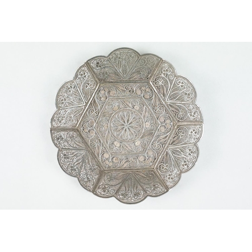 245 - A hallmarked continental silver ornamental filigree dish, measures approx 16cm.