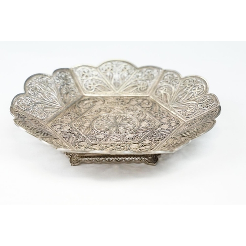 245 - A hallmarked continental silver ornamental filigree dish, measures approx 16cm.