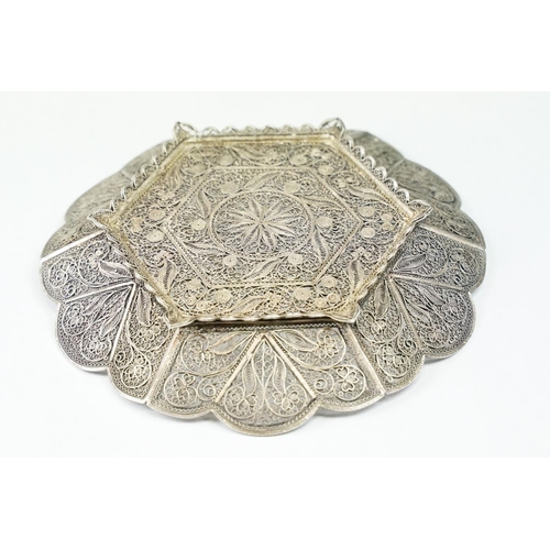 245 - A hallmarked continental silver ornamental filigree dish, measures approx 16cm.