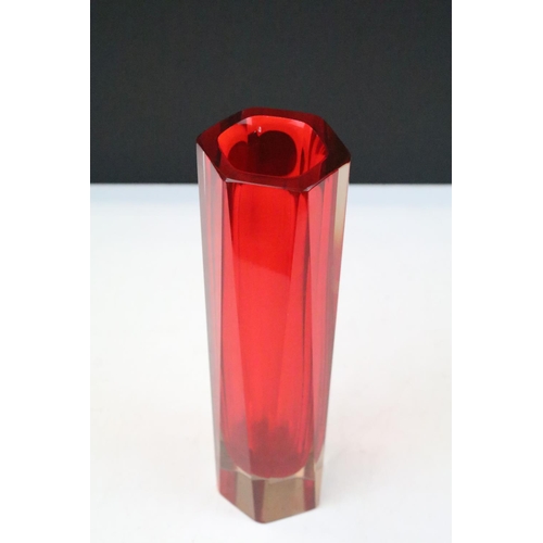 288 - A mid 20th century Italian Murano / Sommerso hexagonal faceted red glass vase, stands approx 25.5cm ... 