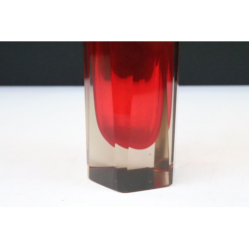 288 - A mid 20th century Italian Murano / Sommerso hexagonal faceted red glass vase, stands approx 25.5cm ... 