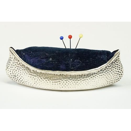 290 - An early 20th century fully hallmarked sterling silver pin cushion in the form of a canoe, makers ma... 