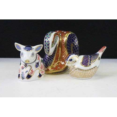 30 - Three Royal Crown Derby paperweights in the form of an Imari Snake (gold stopper), Goldcrest (silver... 