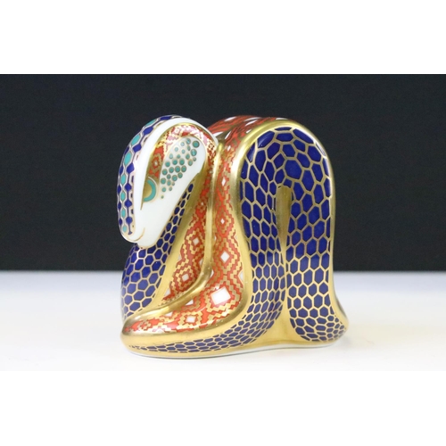 30 - Three Royal Crown Derby paperweights in the form of an Imari Snake (gold stopper), Goldcrest (silver... 