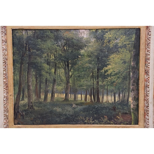 328 - English school, woodland scene, oil on canvas, hand inscribed label verso, dated June 1900, 26.5 x 3... 