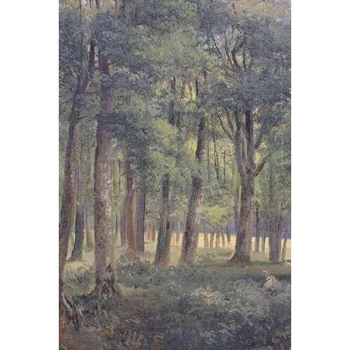 328 - English school, woodland scene, oil on canvas, hand inscribed label verso, dated June 1900, 26.5 x 3... 