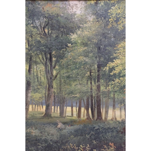 328 - English school, woodland scene, oil on canvas, hand inscribed label verso, dated June 1900, 26.5 x 3... 