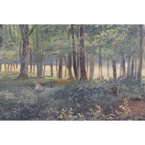 328 - English school, woodland scene, oil on canvas, hand inscribed label verso, dated June 1900, 26.5 x 3... 