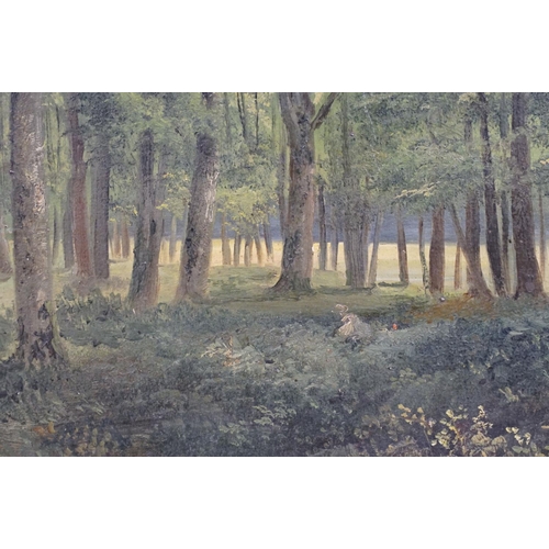 328 - English school, woodland scene, oil on canvas, hand inscribed label verso, dated June 1900, 26.5 x 3... 