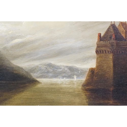 329 - 19th Century Continental school, view of Château Chillon by Lake Geneva, Switzerland on a moonlit ni... 