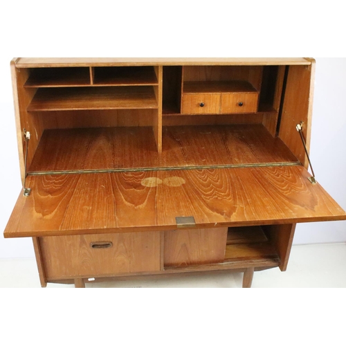 336 - Mid 20th C teak bureau with fold down door and fitted interior, twin drawer with sliding cupboard, 1... 