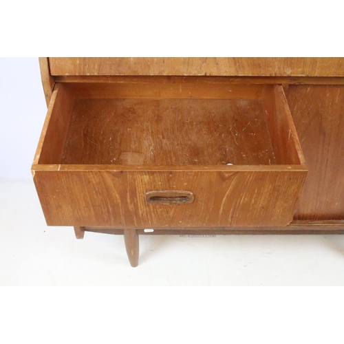 336 - Mid 20th C teak bureau with fold down door and fitted interior, twin drawer with sliding cupboard, 1... 