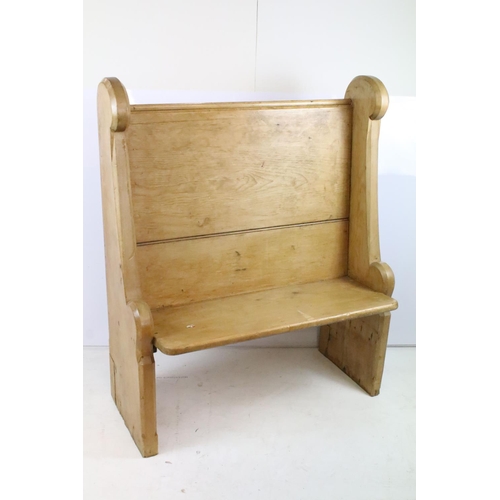 353 - Pine settle of small proportions with scroll shaped ends, 110.5cm high x 92cm wide x 31.5cm deep