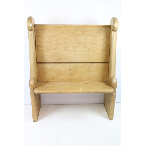 353 - Pine settle of small proportions with scroll shaped ends, 110.5cm high x 92cm wide x 31.5cm deep