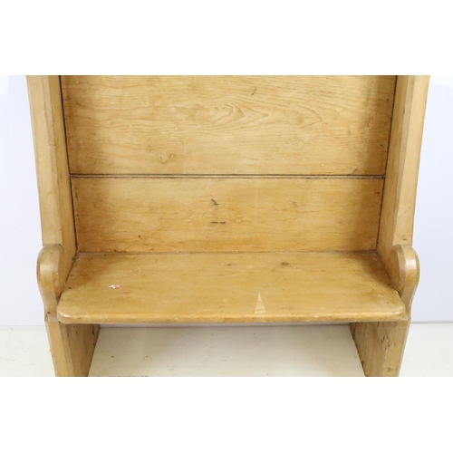 353 - Pine settle of small proportions with scroll shaped ends, 110.5cm high x 92cm wide x 31.5cm deep