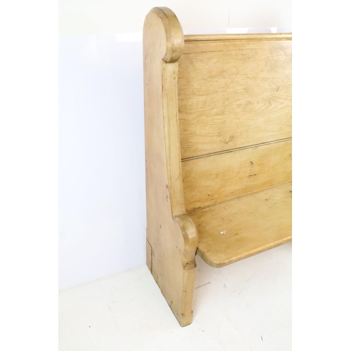 353 - Pine settle of small proportions with scroll shaped ends, 110.5cm high x 92cm wide x 31.5cm deep