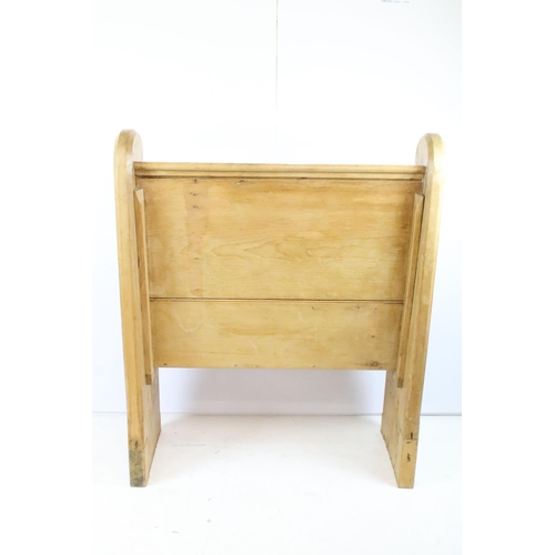 353 - Pine settle of small proportions with scroll shaped ends, 110.5cm high x 92cm wide x 31.5cm deep