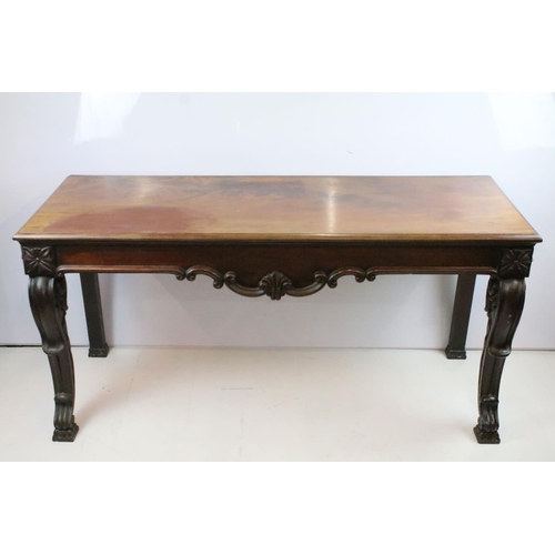 362 - Victorian mahogany side table with carved apron, with elaborately carved legs, 73.5cm high x 151cm w... 