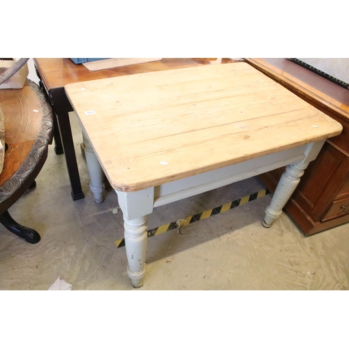 365 - Early 20th century pine kitchen table, on turned tapering legs, 74.5cm high x 107cm wide x 75cm deep