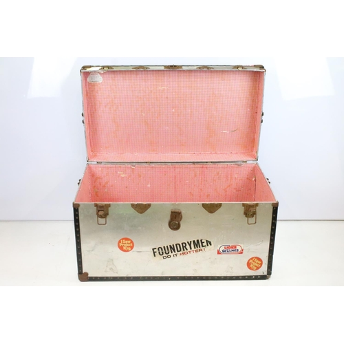 366 - Vintage metal travel trunk with souvenir stickers to the sides and lids and metal locks with black b... 