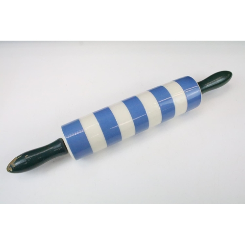 38 - T.G. Green Blue and White Cornishware Rolling Pin, green T.G. Green & Co Ltd mark to end, 47cm long