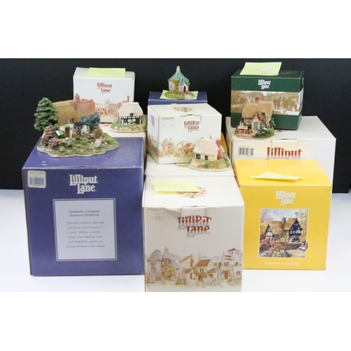 60 - Nine boxed Lilliput Lane models to include Kensington Gardens, Sweet Briar Cottage, Shades of Summer... 