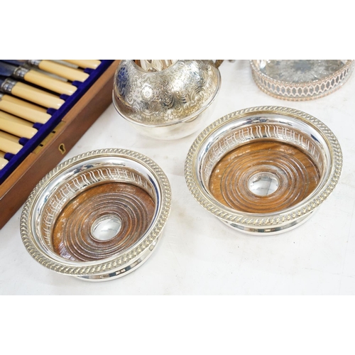 283 - A collection of mixed silver and silver plate to include cased cutlery, bottle coasters, goblets, di... 