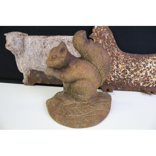 302 - Group of five weathered cast iron doorstops in the form of animals to include chicken (approx 19cm t... 