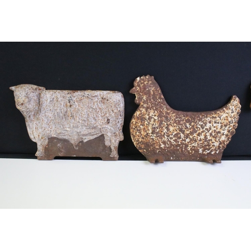 302 - Group of five weathered cast iron doorstops in the form of animals to include chicken (approx 19cm t... 