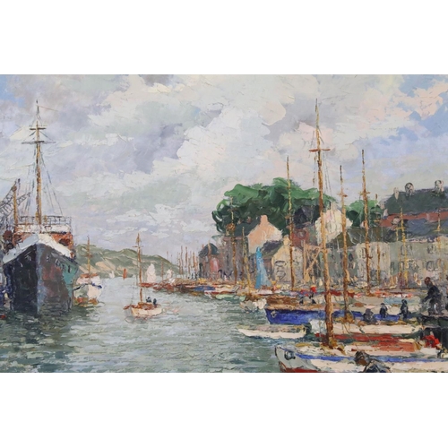 328A - Impressionist school, boats in harbour, impasto oil on canvas, indistinctly signed lower right, 50 x... 