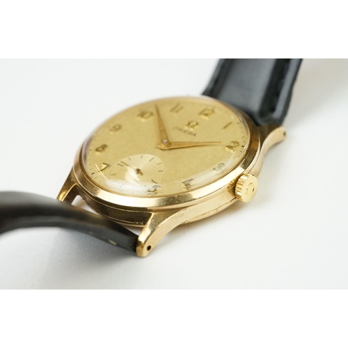 371 - A vintage gents Swiss made Omega 17 jewel 9ct gold cased wristwatch, cal.266, movement numbered 1447... 
