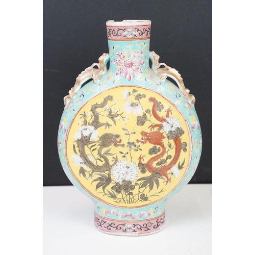 25 - Antique pastel coloured Chinese porcelain moon flask with mythical dragon design 26.5cm high and por... 