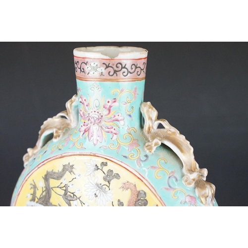 25 - Antique pastel coloured Chinese porcelain moon flask with mythical dragon design 26.5cm high and por... 