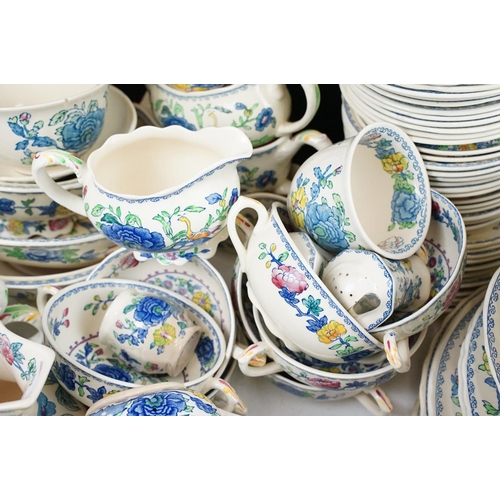 88 - Mason's Ironstone dinner service in ' Regency' pattern, set includes colonial jugs, vegetable tureen... 