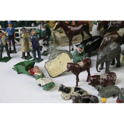 430 - Quantity of around 90 Britains metal farm animals, zoo animals, figures and accessories to include t... 