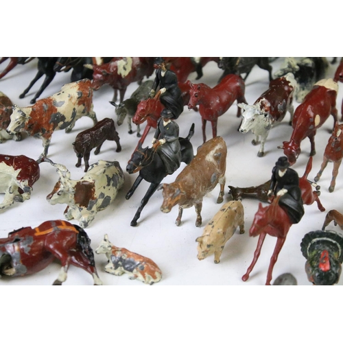 431 - Collection of early - mid 20th C play worn metal farming & hunting animals, figures and accessories ... 