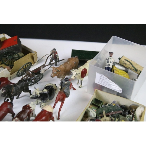 431 - Collection of early - mid 20th C play worn metal farming & hunting animals, figures and accessories ... 