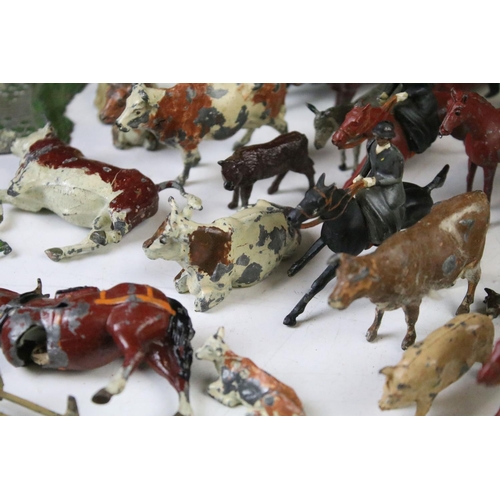 431 - Collection of early - mid 20th C play worn metal farming & hunting animals, figures and accessories ... 